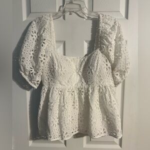 Lilly Pulitzer White Eyelet Puff Sleeve Peplum Top Size 12 Smocked Back